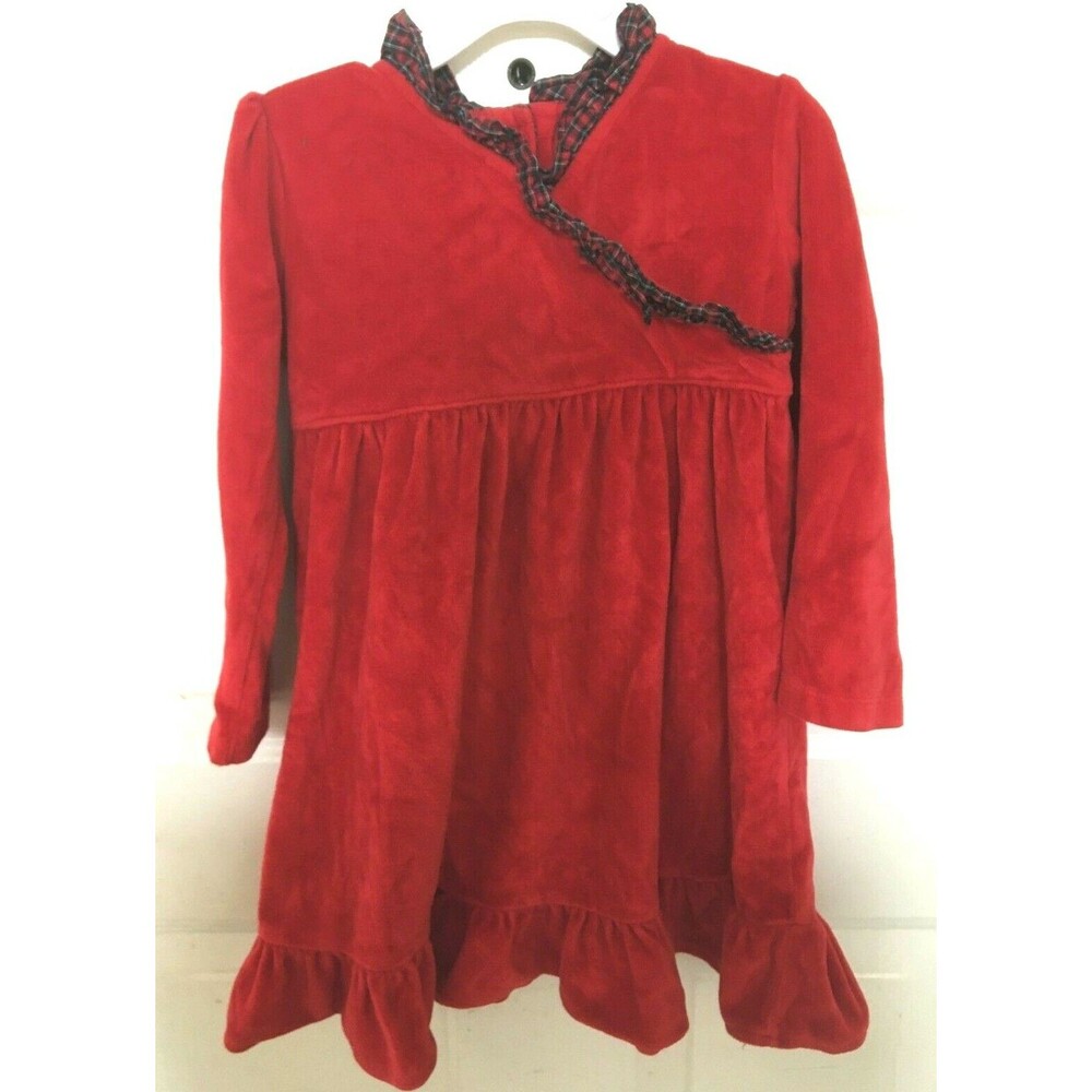 American Living Holiday Christmas Dress Red Velour Plaid Trim Girl's 4 / 4T